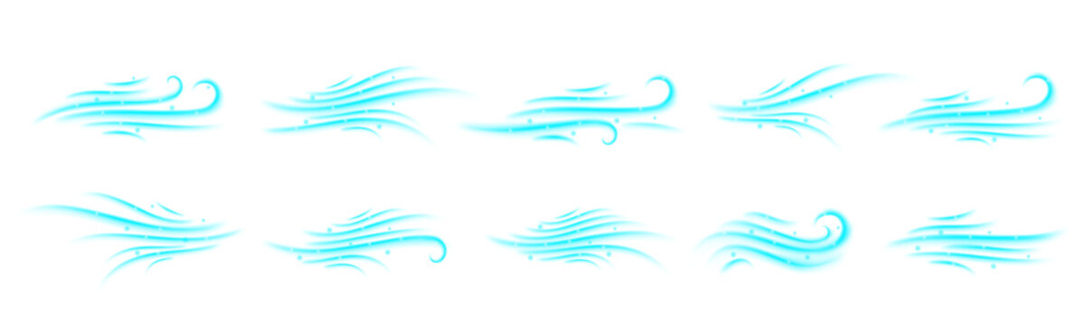 Doodle wind gradient set.  Air wind motion, air blow, swirl elements. Blowing motion. Transparent effect