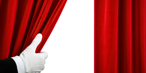 Close-up of hand in a white glove pulling  red curtain away, transparent background, png. hand open red velvet curtain to stage