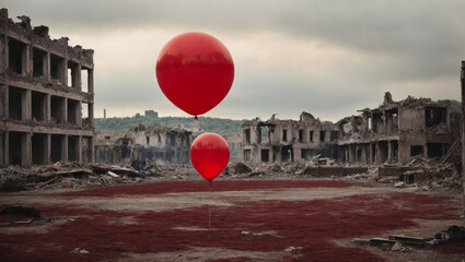 Red balloon floating among ruins of city, desolated and torn apart by war. Chaos, disaster and post war scenery concept. War victims idea. With copy space.