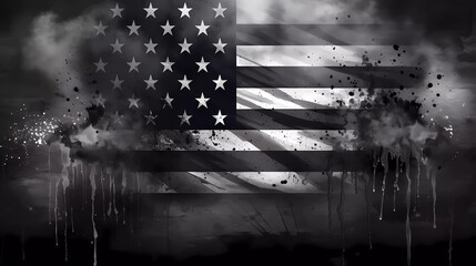 A black and white american flag with stars on it's side and a grungy background with a faded edge - obrazy, fototapety, plakaty