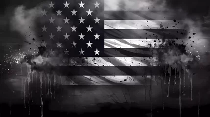 Fotobehang A black and white american flag with stars on it's side and a grungy background with a faded edge © junaid