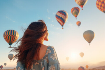rear view of Young woman feels happy and smiling while looking at hot air balloons, aesthetic look