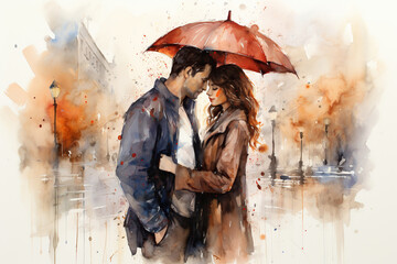 A couple in love under a red umbrella on a walk. Watercolor drawing. Generated by artificial intelligence - obrazy, fototapety, plakaty