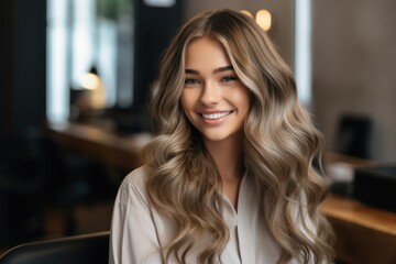 Beauty girl with long and shiny wavy Hair ,coloring and toning, shatush and balayash . Beautiful woman model with curly hairstyle. - obrazy, fototapety, plakaty