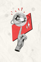 Poster banner image collage of spinning finger disco ball isolated on drawing background