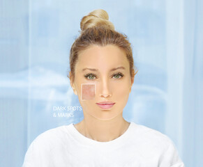 Skin solutions.Concept of rejuvenation.skin with acne scars and age spots