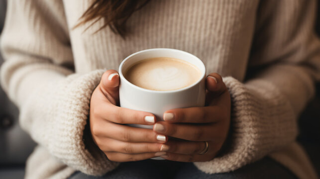 A beautiful womans hands holding a white ceramic mug