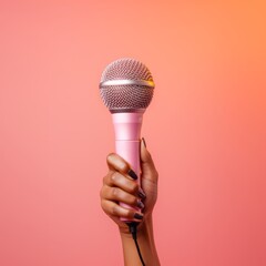 Female hand holding a microphone on a pink background with copy space.
