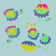 Cartoon  colored branch, flower . Hand drawn.