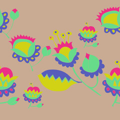 Horizontal cartoon   colored branch, flower . Hand drawn.