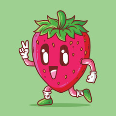 Cute happy Strawberry fruit running mascot character vector cartoon illustration. Strawberry Vector cartoon illustration