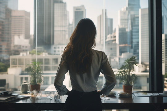 Rearview shot of a young businesswoman looking out from a large window in the office, aesthetic look