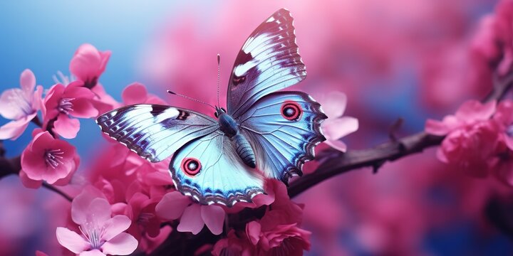 Enchanted Springtime  Majestic Blue Butterfly Amidst Pink Violet Blooms, Generative AI