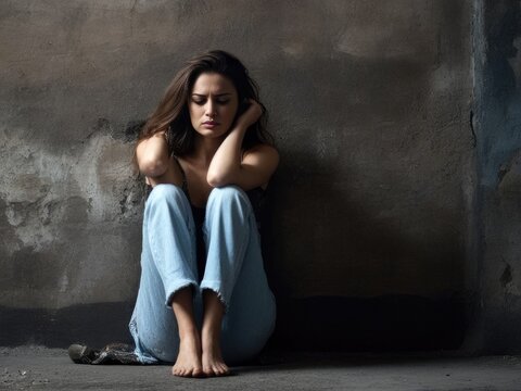 Sad woman in torn clothes after sexual assault sitting on the ground near the wall