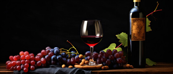A bottle of wine with glasses and grapes on a black background