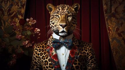 A leopard wearing a suit and tie with a leopard print on it's chest and head