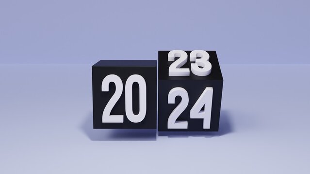 2023 turning into 2024 3d calendar New Year concept illustration, white text on black cubes on blue background,3d render