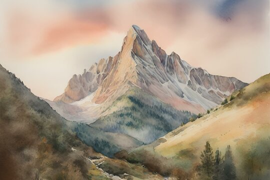 Watercolor Mountain landscape, watercolor mountain peak, beautiful landscape with mountain peak painting