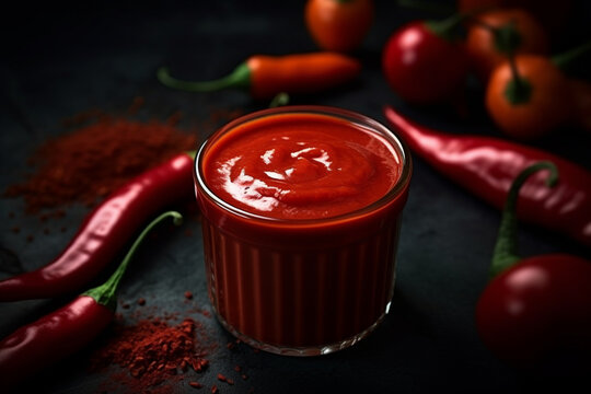 Red chili sauce ketchup or tabasco with ripe hot pepper, aesthetic look