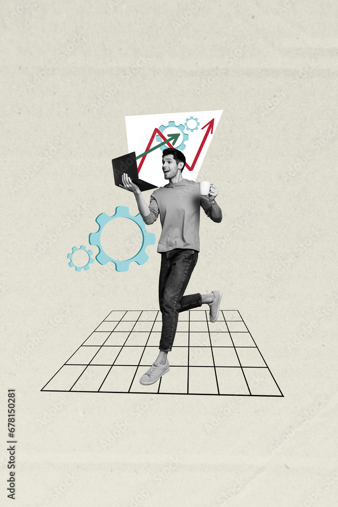 Poster vertical creative collage image of running employee businessman hold laptop startup data results unu