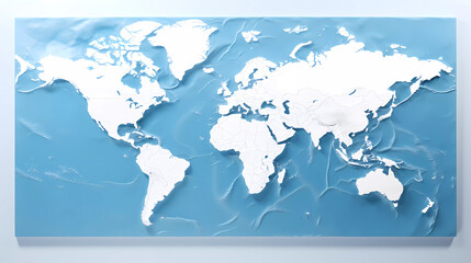 A map of the world with a blue ocean and white background and a white border around the map is a blue ocean and white border