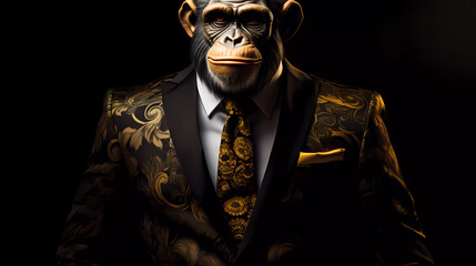 A monkey dressed in a suit and tie with a black background and a gold paisley tie and a black background