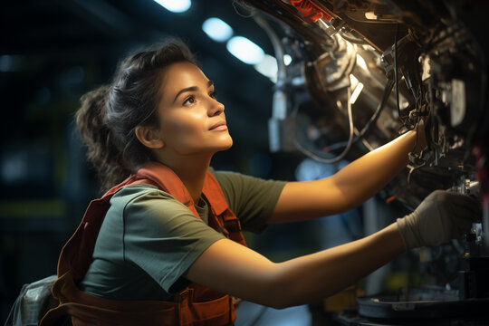 female aerospace engineer works on an aircraft, displaying expertise in technology and electronics, ai generated