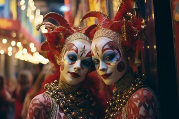 Women in Harlequin Clown's Stylized Carnival Masks in Reds and Gold