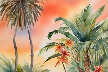 Fototapeta na wymiar watercolor tropical beach sunset, watercolor tropical island, watercolor sunset wallpaper