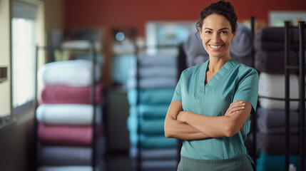 Fototapeta premium Laundry Service Portrait woman mid age standing with arms cross Washing drying and ironing service 