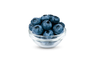 Freshly picked blueberries in a glass bowl isolated on white background. Close-up.