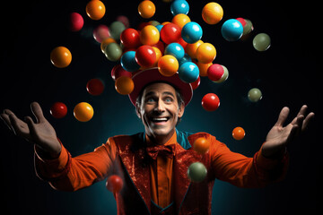 Vibrant jester juggling glowing balls mid-air isolated on a white background 