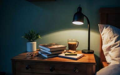 A calm shot of a reading session with books, glasses, and bookmarks, with a lamp, a clock, and a mug on the nightstand, on a blue bedroom background