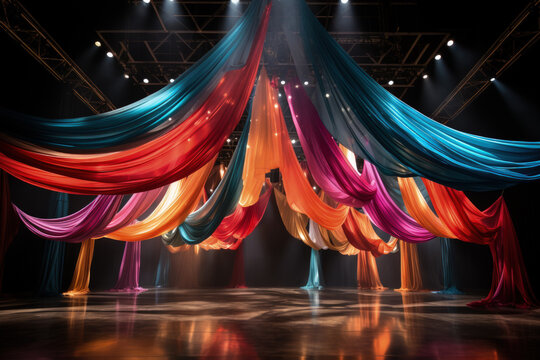 Breathtaking aerial silk display encircled by a carnival of colorful circus props 