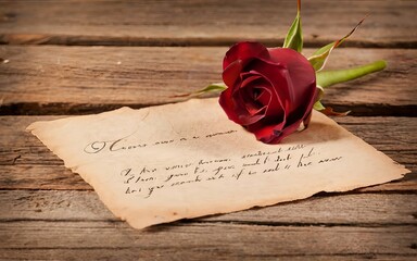 A Close-Up of a Single Red Rose Petal on a Vintage Love Letter: A beautifully weathered love letter rests on a wooden table, adorned with a single crimson rose petal, capturing the essence of timeless