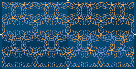 Blue Orange wire star flowers Hold hands loosely interlaced Set of seamless pattern. Vector collection.