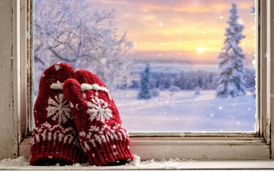 A composition featuring a pair of mittens resting on a frosted window pane, with a snowy outdoor scene in the background