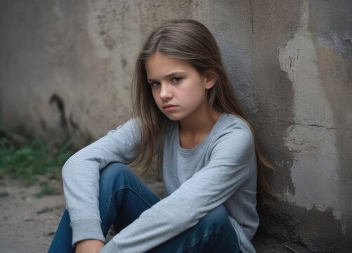 Sad and depressed little girl sitting on a ground near old wall