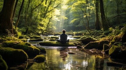 A young man meditating on a stone on top of a river in the forest
