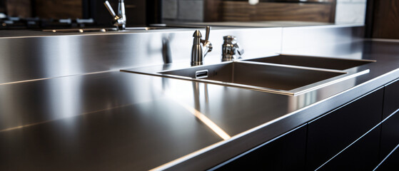 A close up stainless steel shiny perfectly clean kitchen