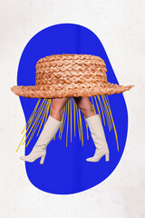 Collage 3d image of pinup pop retro sketch of lady legs wear hat boots walking isolated blue white background