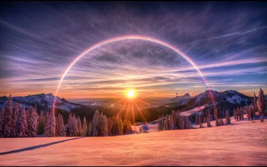 Zelfklevend Fotobehang A HDR shot of a sunrise, with a pink and purple sky. The sun is peeking behind a snow-capped mountain, creating a halo effect © Andrii
