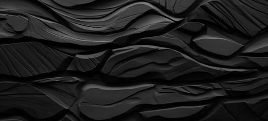 Wood carved art background  - Abstract closeup of detailed organic dark black anthracite gray wooden waving waves wall texture banner wall - obrazy, fototapety, plakaty