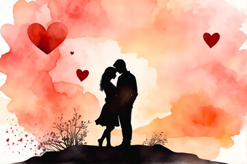 Romantic Watercolor Vector: Embracing Couple Silhouette in Sunset Love, Hearts & Texture for Valentine's Day