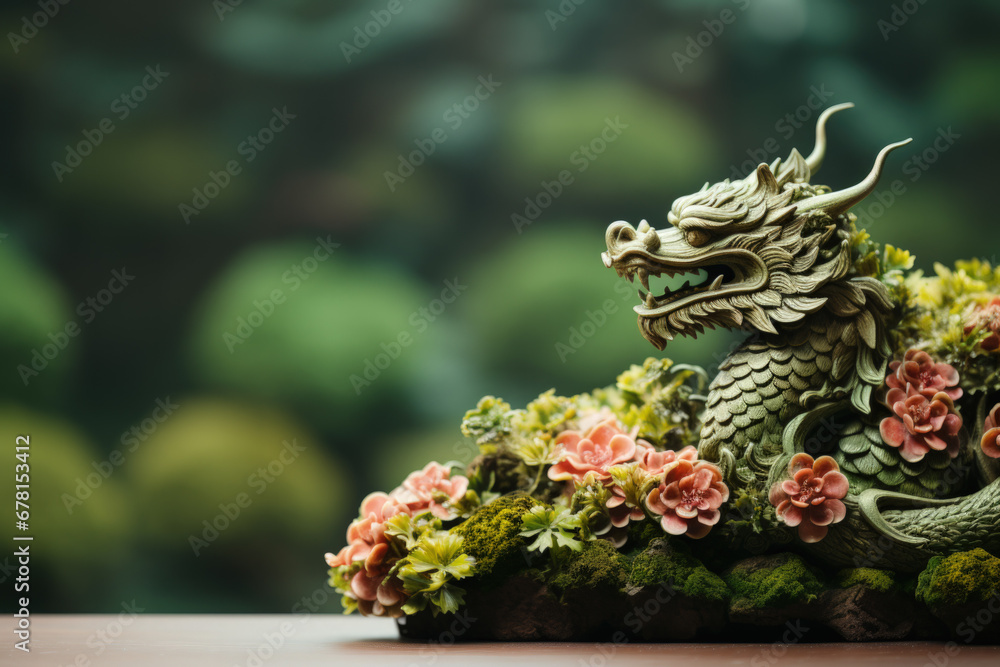 Poster dragon-shaped topiary art for lunar new year background with empty space for text