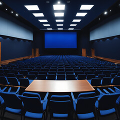 A large dark blue conference hall filled with neatly arranged rows of blue chairs faces a projection screen, lit for a presentation