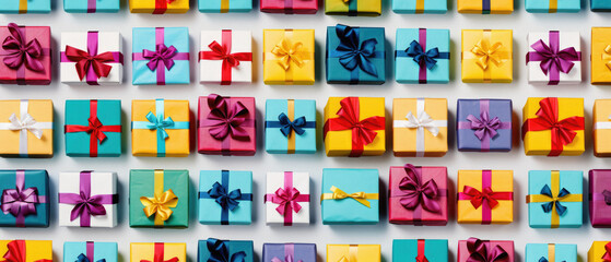 Colorful gift boxes with ribbons on a white background, top view.