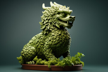 A dragon-shaped topiary for celebrating the Year of the Dragon isolated on a green gradient background  - obrazy, fototapety, plakaty