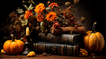 pumpkins and pumpkins on a wooden table in autumn