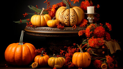 pumpkins and pumpkins on a wooden table in autumn